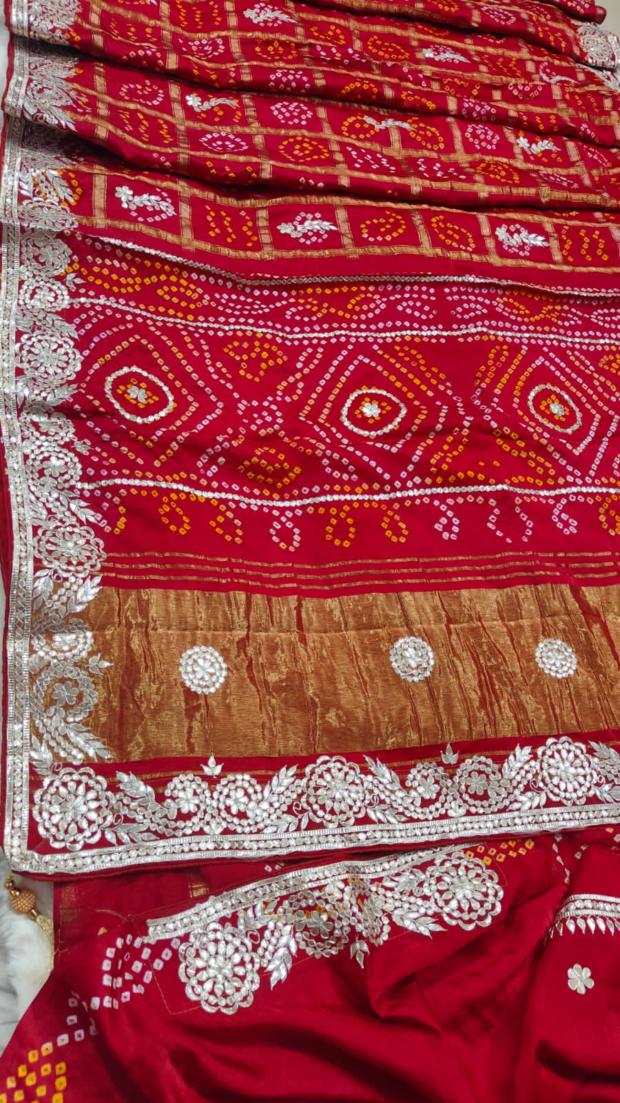 Pure Modal Gajji Silk Bandhej Saree with Heavy Zero Gota Patti Handwork