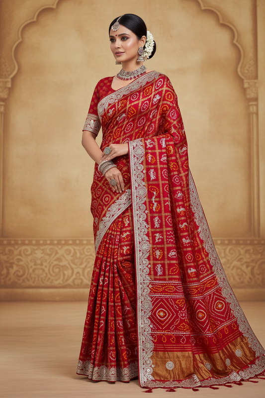 Pure Modal Gajji Silk Bandhej Saree with Heavy Zero Gota Patti Handwork
