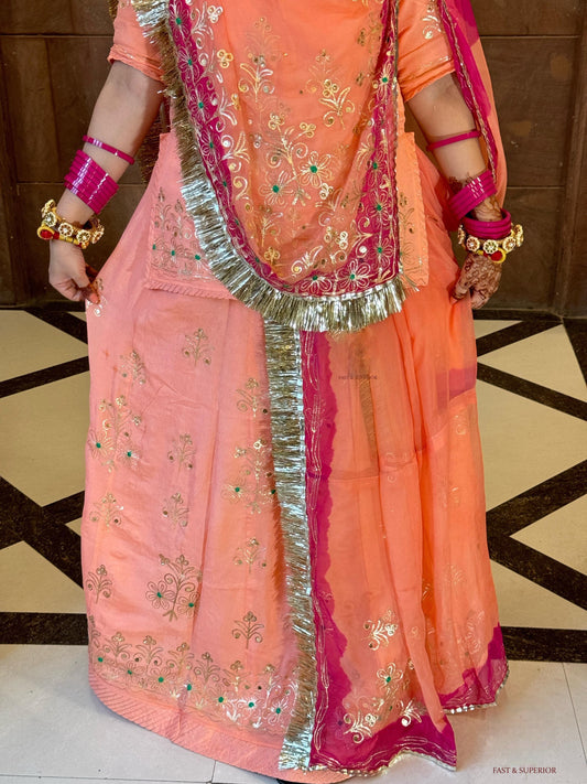 Elegant Partywear Rajputi Poshak | Upada Fabric, Kasab, Kundan & Resham Handwork