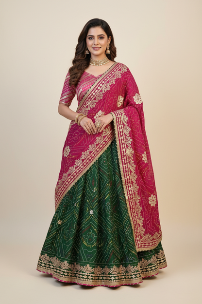 Chunari Print Lehenga Set with Dupatta & Free Purse – Moss Fabric Bandhej Lehenga with Gotta Patti Work