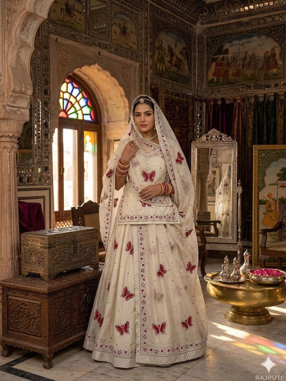 Royal Ivory Butterfly Taara Bid Handwork Rajasthani Poshak with Odhna