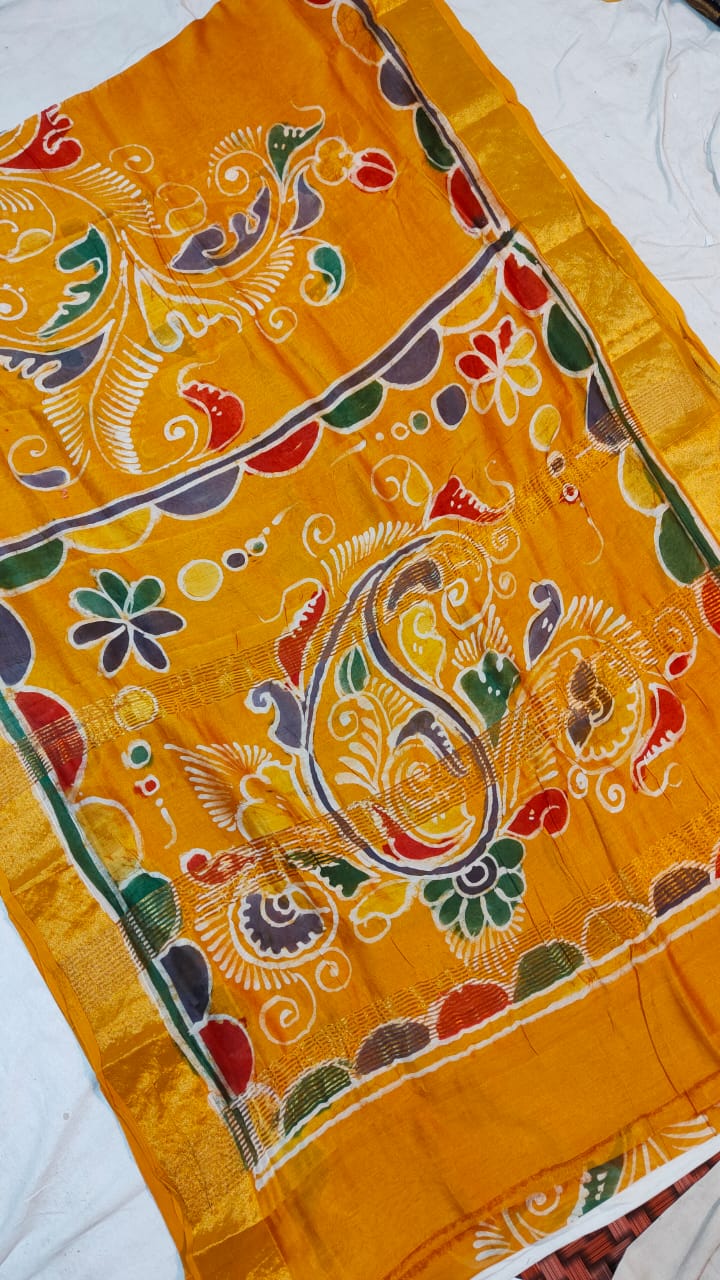 Handpainted Batik Chanderi Silk Saree – Pure Silk with Artistic Pallu & Blouse