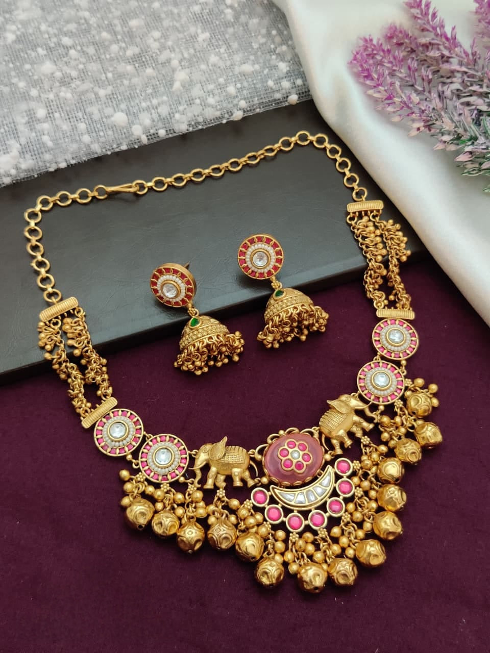 Elegant Partywear Gold Necklace Set with Designer Jhumka Earrings