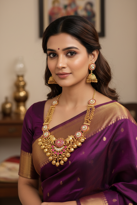 Elegant Partywear Gold Necklace Set with Designer Jhumka Earrings