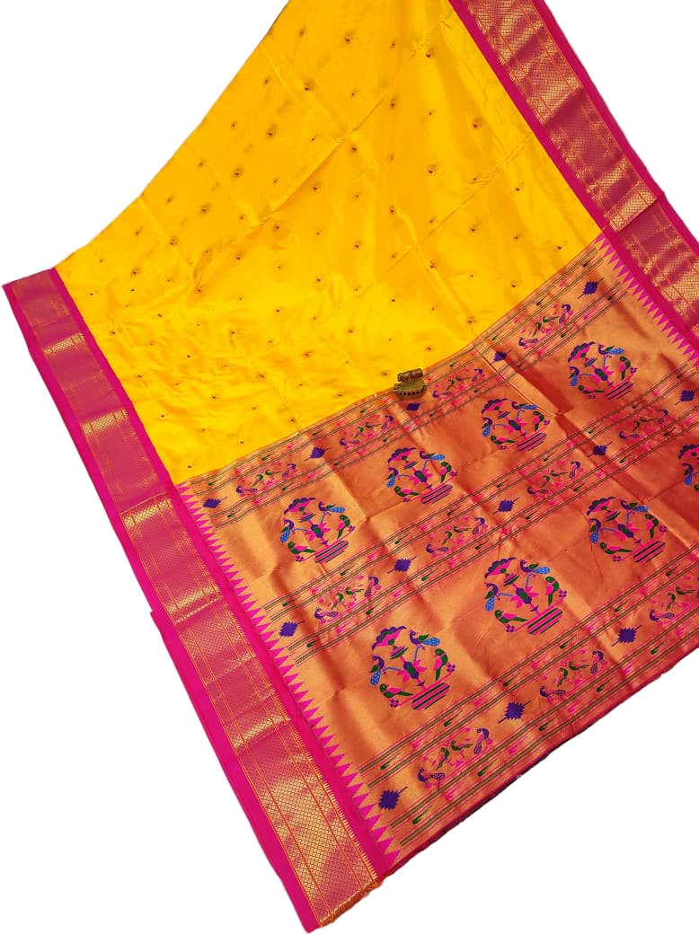 Majestic Karnful Peacock Kadiyal Pure Silk Paithani Saree | Luxury Designer Paithani