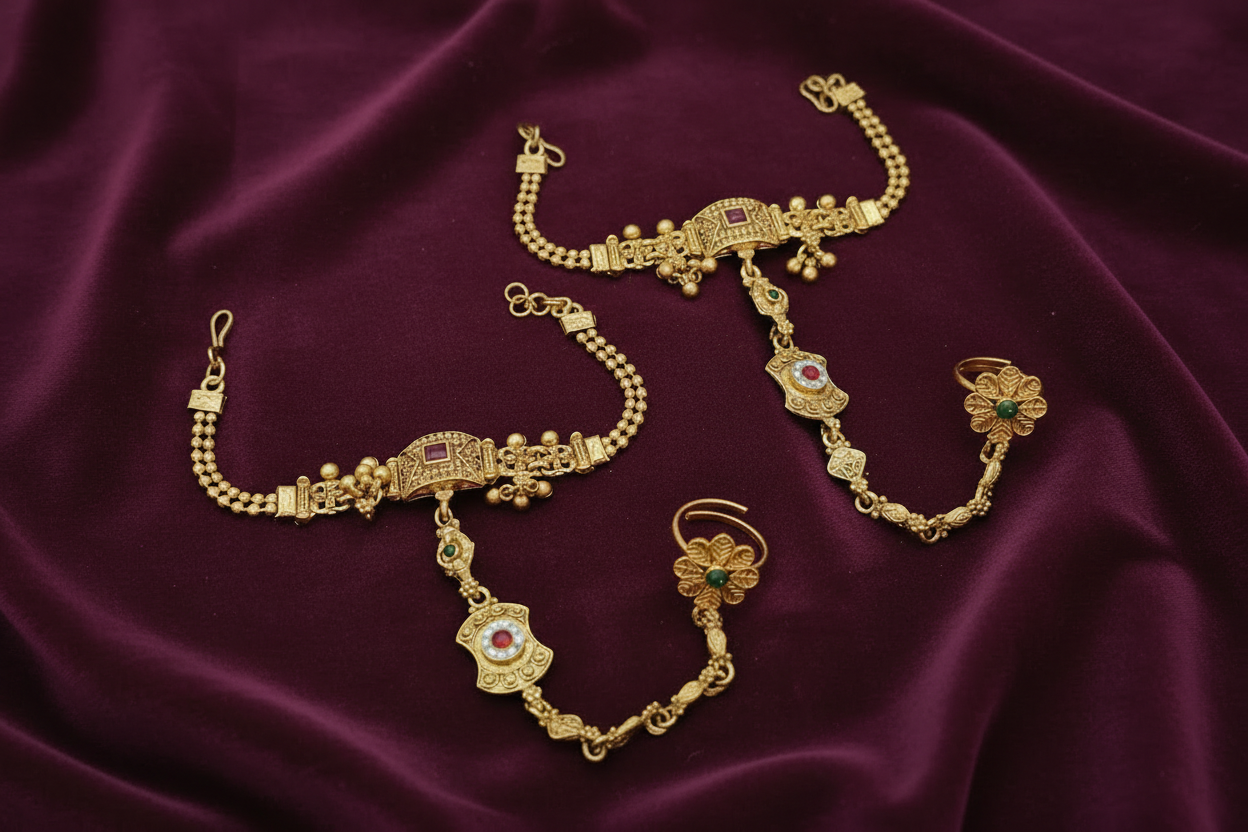 Royal Antique Gold Hathphool with Red Green Stones – Bridal Hand Bracelet