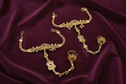 Royal Antique Gold Hathphool with Red Green Stones – Bridal Hand Bracelet