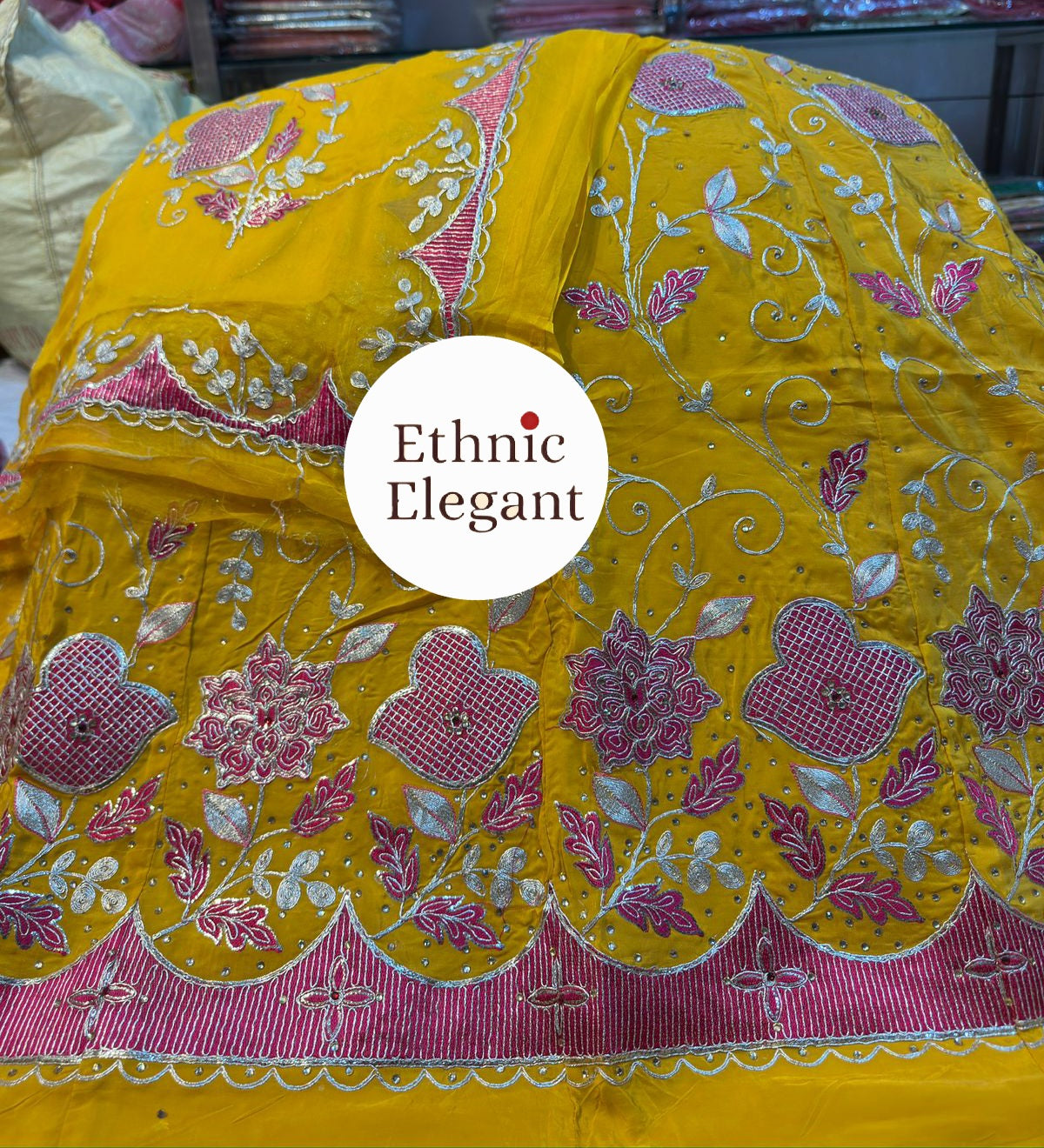 Natural Silk Rajputi Poshak with Pure Odhna | Heavy Patch Work Handcrafted Outfit