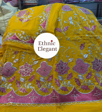 Natural Silk Rajputi Poshak with Pure Odhna | Heavy Patch Work Handcrafted Outfit