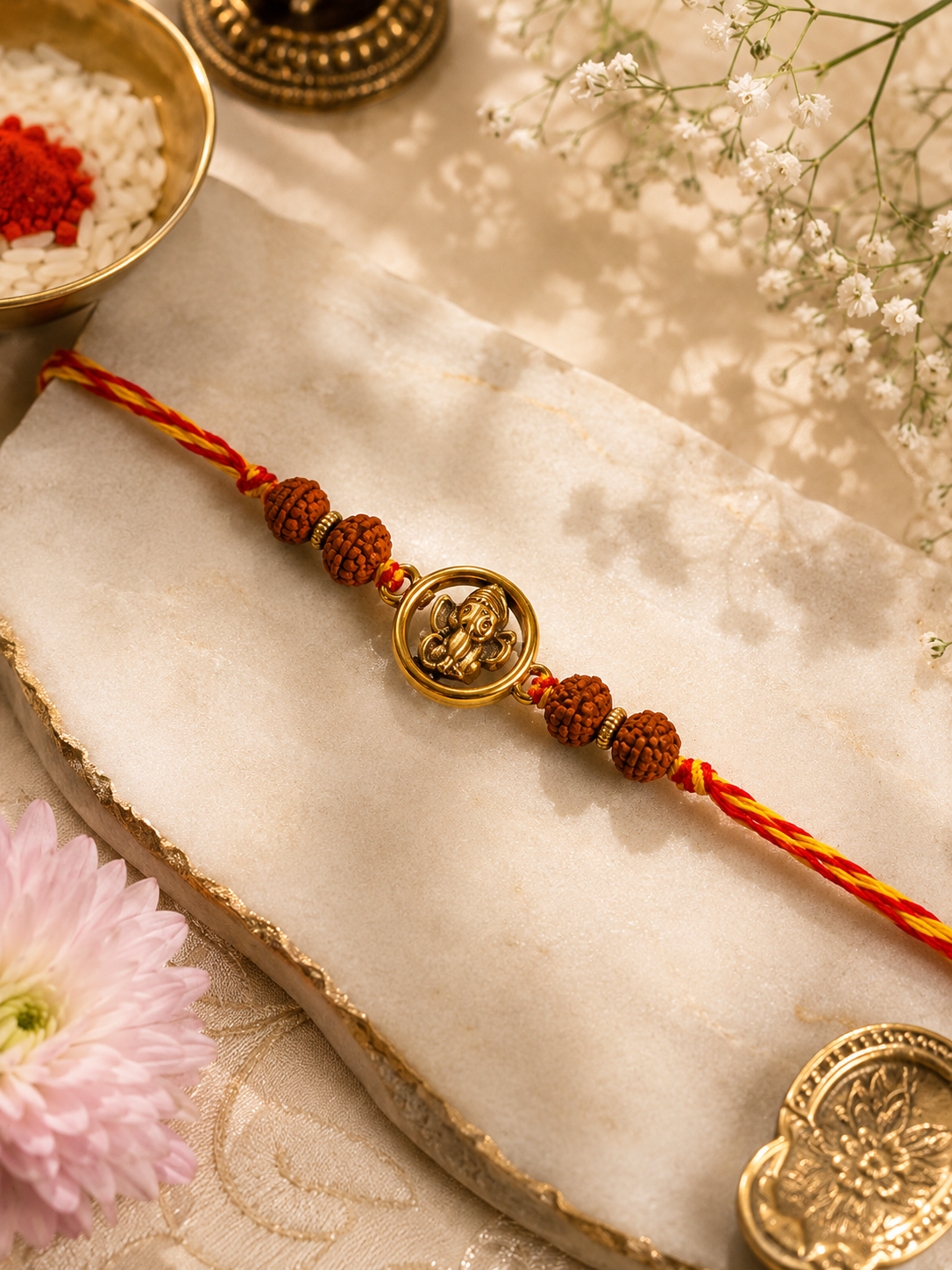 Ganpati Rudraksha Auspicious Golden Rakhi ( Pack of 1 Rakhi)  Arriving soon