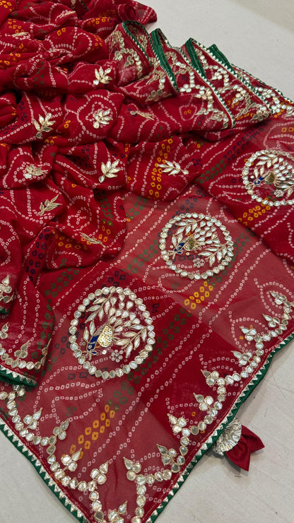 Pure Georgette Peacock Pallu Saree with Gota Patti Work – Chanderi Pilla Traditional Saree