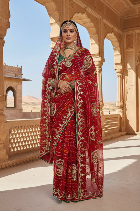 Pure Georgette Peacock Pallu Saree with Gota Patti Work – Chanderi Pilla Traditional Saree