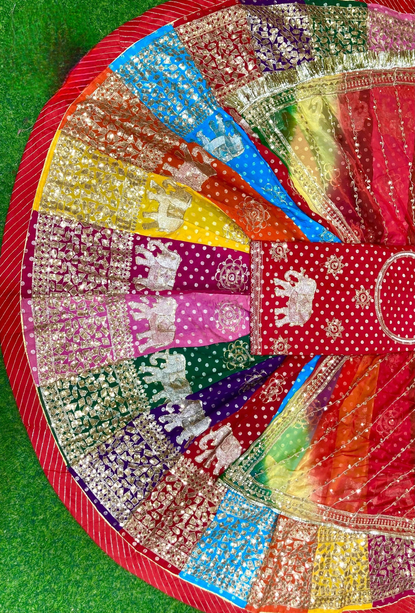 Traditional Multicolour  Royal Elephant work Rajasthani Poshak – Banarasi 32 Kali Lehenga with Zari & Sequin Work