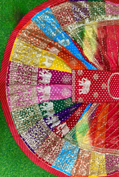 Traditional Multicolour  Royal Elephant work Rajasthani Poshak – Banarasi 32 Kali Lehenga with Zari & Sequin Work