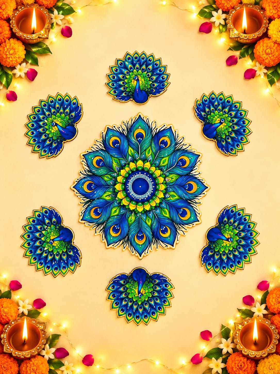 Peacock Design Reusable MDF Rangoli Set for Diwali & Festive Décor