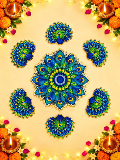 Peacock Design Reusable MDF Rangoli Set for Diwali & Festive Décor