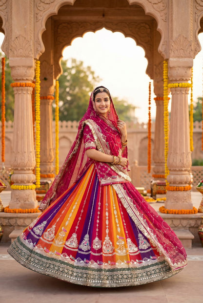 Rajsi Rang Leheriya Rajputi Poshak | 4 MTR Gher Designer Lehanga with Royal Odhani