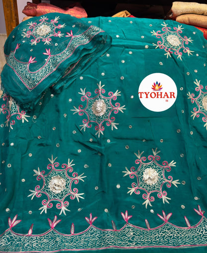Rajputi Boutique Poshak – Heavy Natural Odhna with Zari, Taara & Resham Silver zari Handwork 12 kali poshak