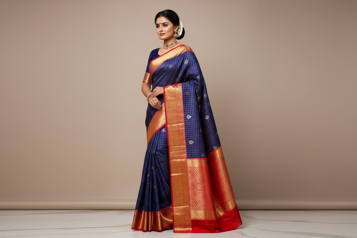 Pure Kanjivaram Silk Saree with Fancy Gap Border – Kanjipuram Silk Mark Certified
