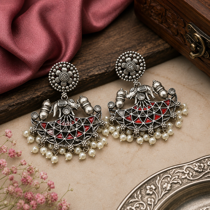 Oxidised Silver Chandbali Earrings with Red Stones – Tribal Ghungroo Statement Jewelry