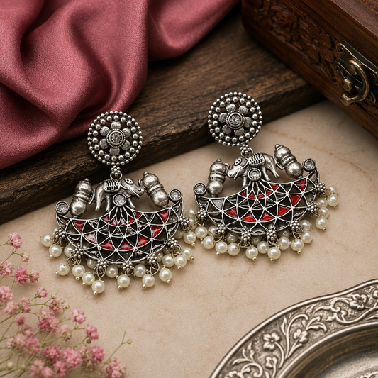Oxidised Silver Chandbali Earrings with Red Stones – Tribal Ghungroo Statement Jewelry