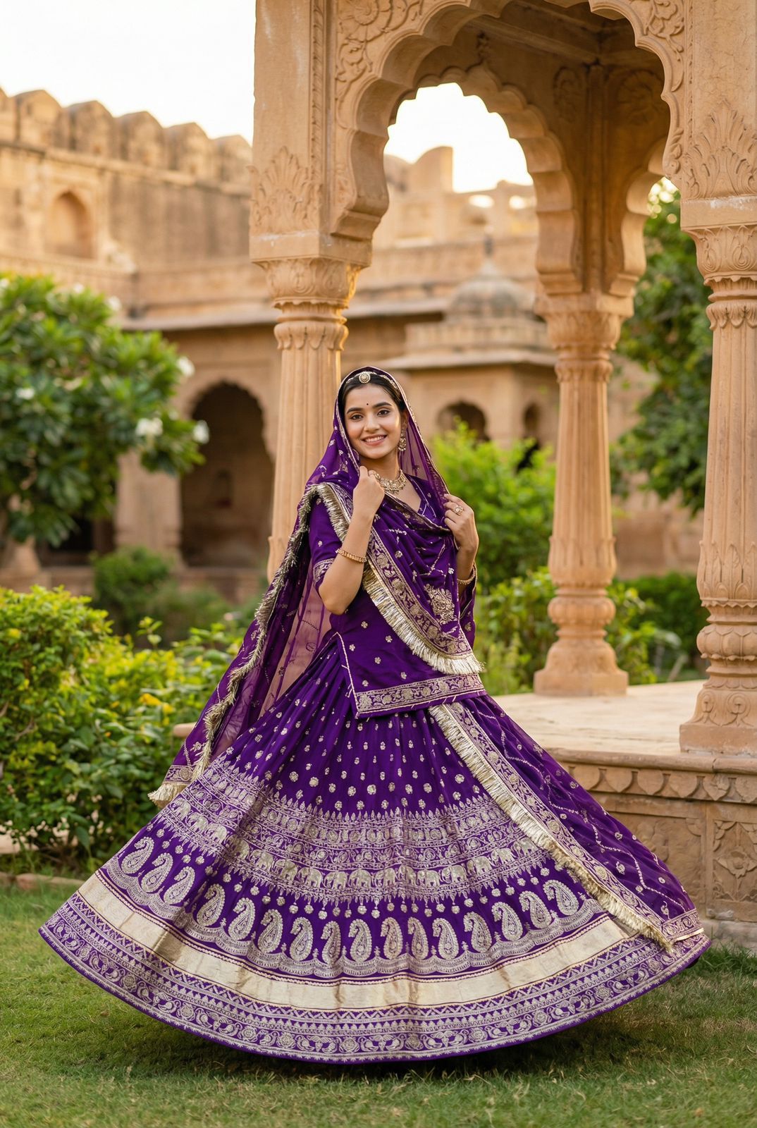 Designer Rajasthani Poshak Lehenga Set with Pure Odhani | Crepe Silk 4 MTR Gher | Vintage Zari & Gotta Work