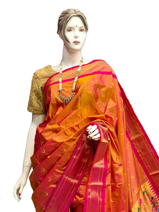 Pure Silk Handwoven Chandrakor Paithani Saree | Kadiyal Border Designer Paithani