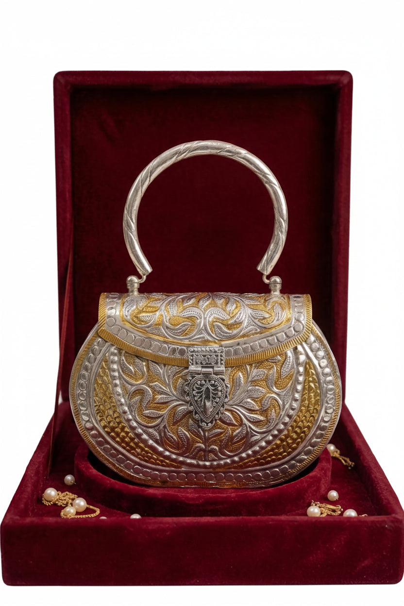 Rajwadi Antique Finish Brass Metal Clutch Bag | Designer Wedding Clutch