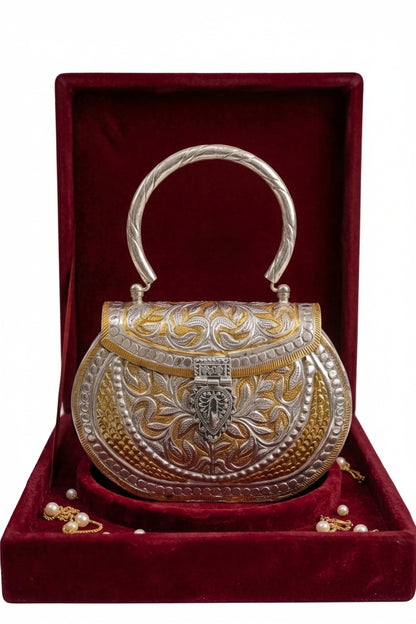 Rajwadi Antique Finish Brass Metal Clutch Bag | Designer Wedding Clutch