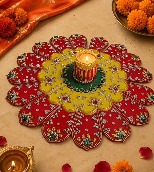 Diamond stone reusable Flower shape acrylic beautiful rangoli stickers 💫 size:13* inch with T light Holder