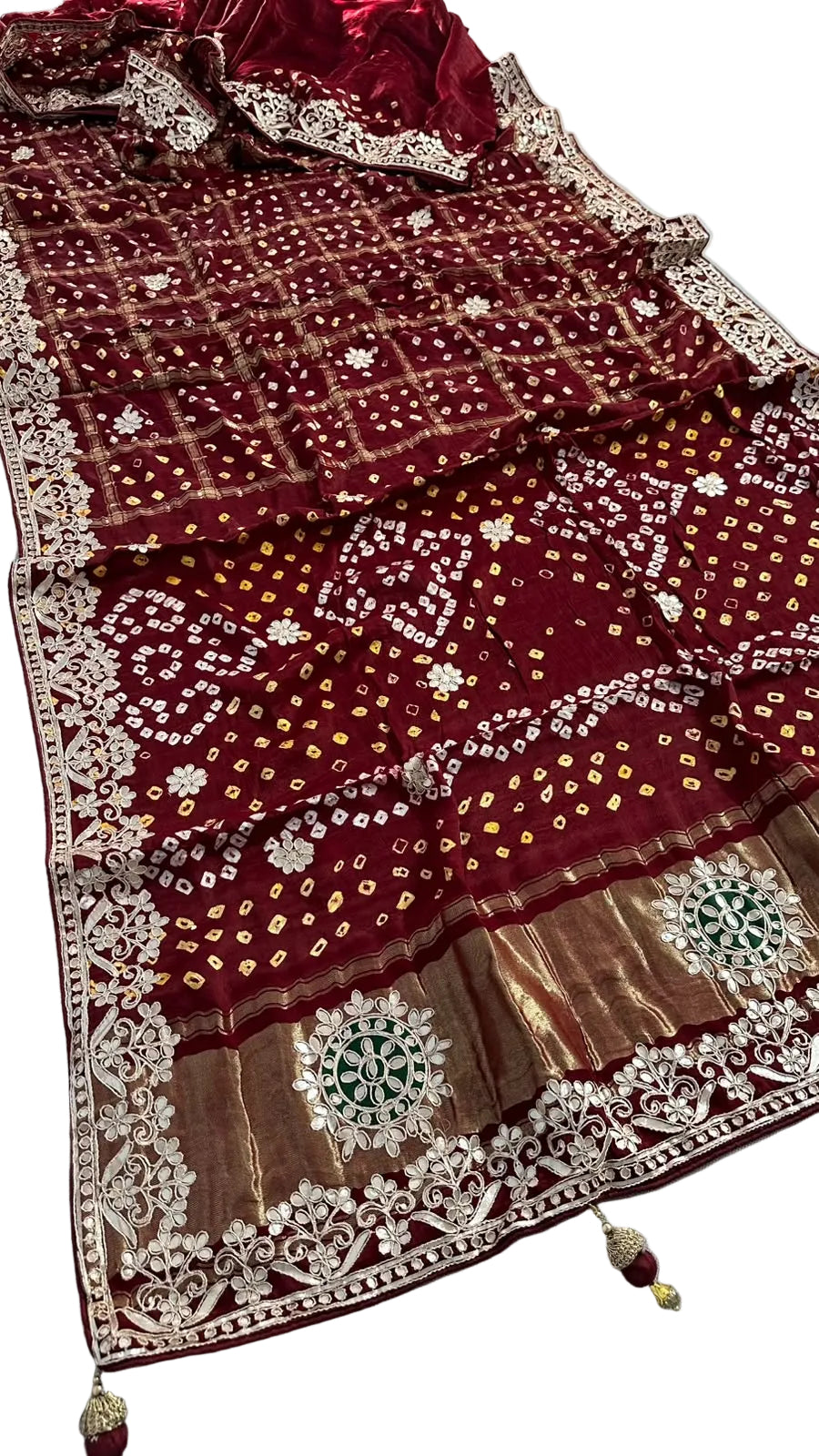 Pure Modal Gajji silk Gotta Patti Zari work Traditional Red & Maroon     Ghatchola saree