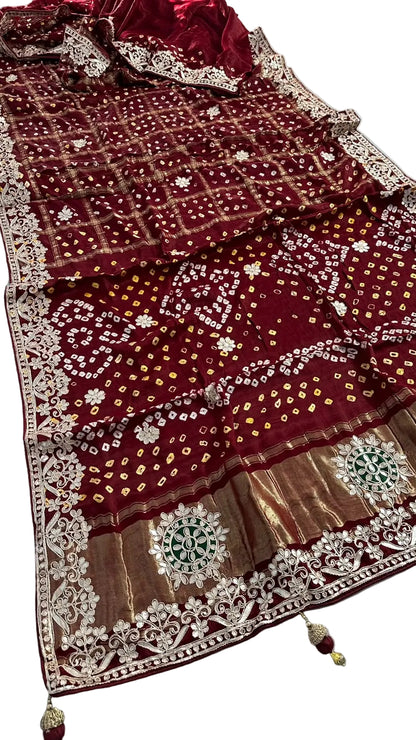 Pure Modal Gajji silk Gotta Patti Zari work Traditional Red & Maroon     Ghatchola saree