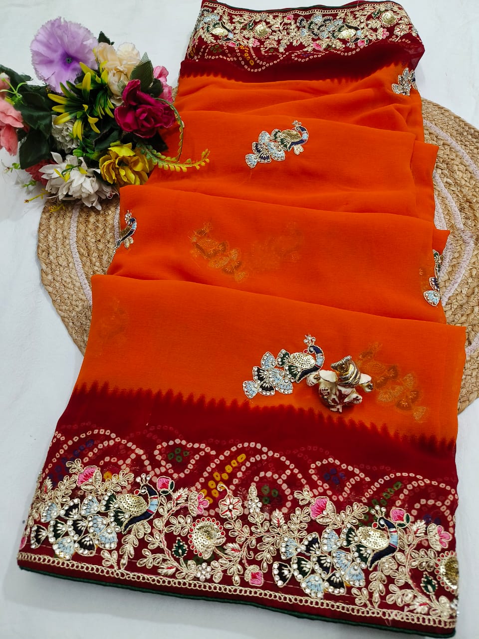 Traditional Handwork Chunri Pilla – Bandhani Georgette Saree with Heavy Embroidery Border