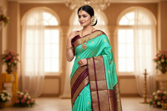 Rama Green Big Border Zari work Kanchipuram pure silk saree silk mark certified