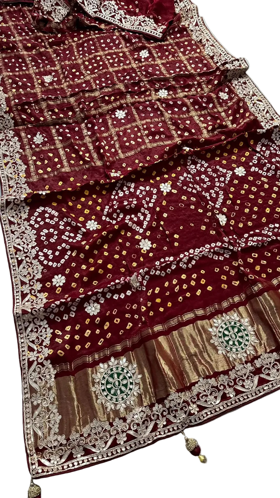 Pure Modal Gajji silk Gotta Patti Zari work Traditional Red & Maroon     Ghatchola saree