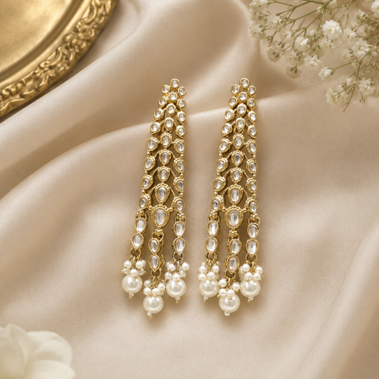 Long Kundan Pearl Drop Earrings – Royal Layered Rajwadi Bridal & Festive Statement Jewelry