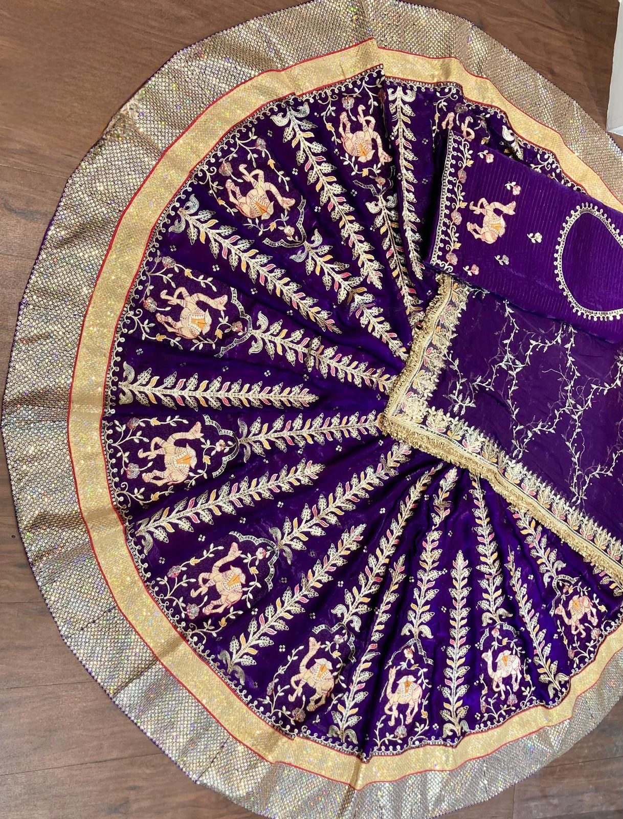 Designer Royal Rajputi Poshak Set | Fancy FENDI Fabric & Humrahi Pure Odhani | Copper Sequence & Figure Pattern Work