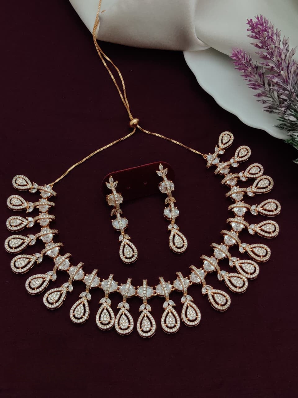 Premium American Diamond Rose Gold AD Necklace Set with Earrings
