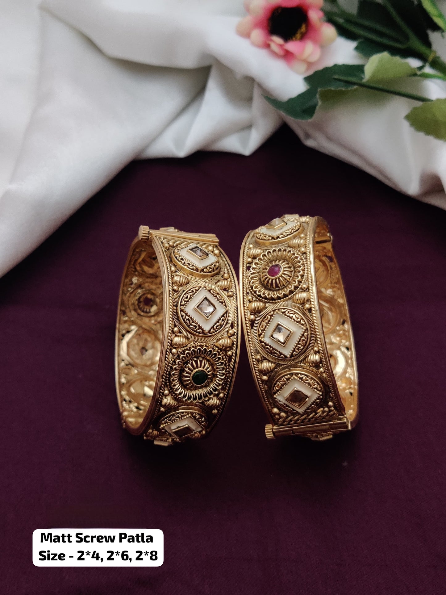 Rajwari Elegant Screw Patla Bangle – Heritage Gold Tone Kada pair
