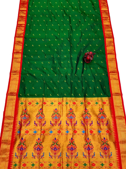 Pure Silk Maharani Pallu Paithani Saree | Handwoven Chandrakor Butti Designer Saree