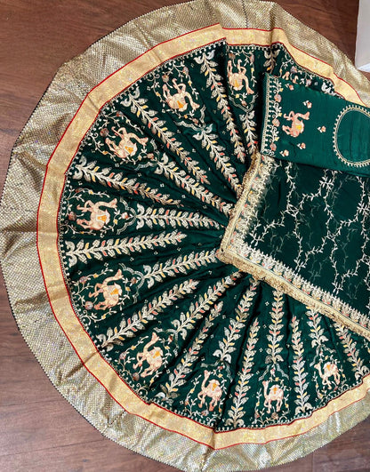 Designer Royal Rajputi Poshak Set | Fancy FENDI Fabric & Humrahi Pure Odhani | Copper Sequence & Figure Pattern Work