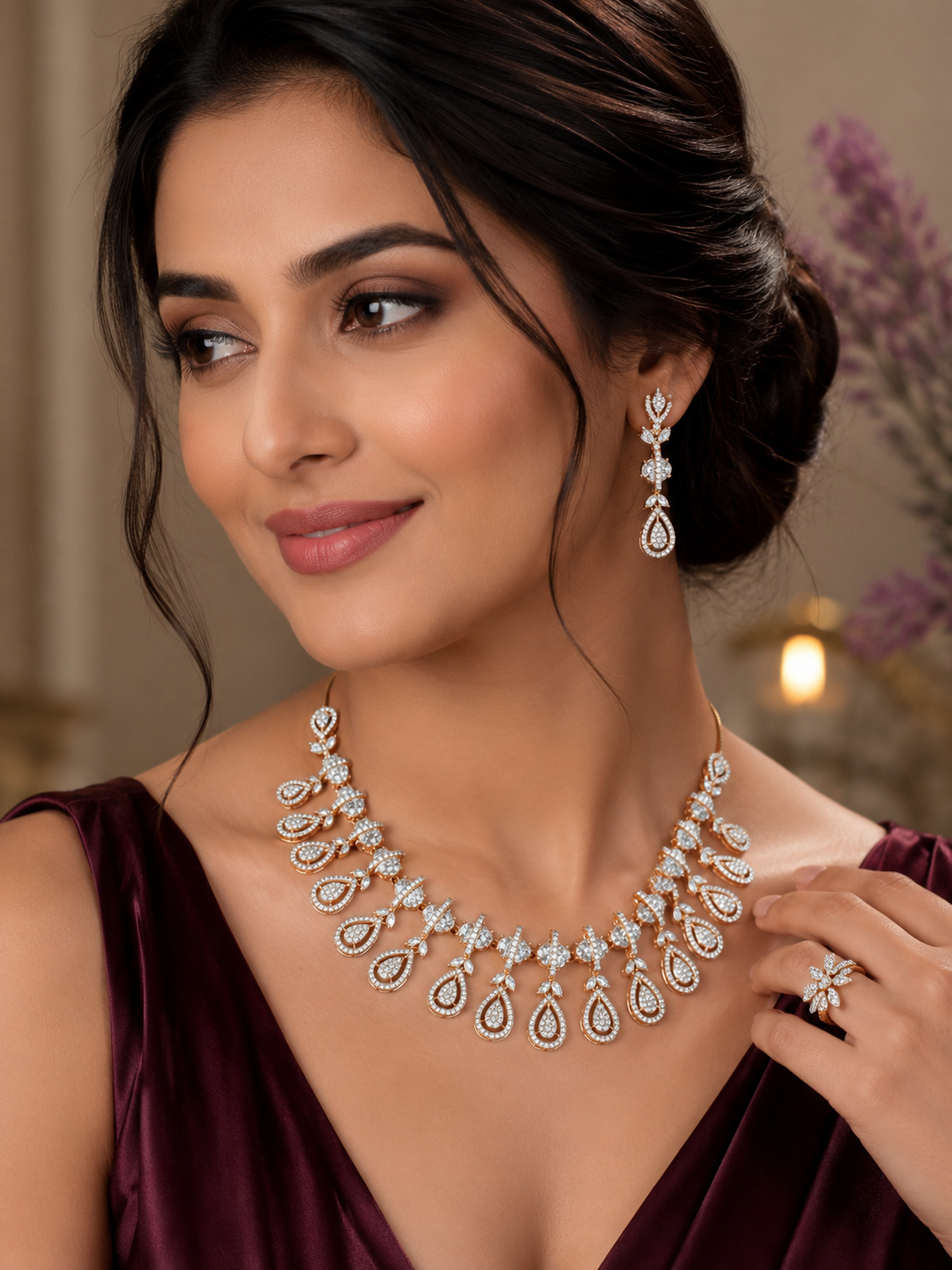 Premium American Diamond Rose Gold AD Necklace Set with Earrings