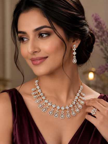 Premium American Diamond Rose Gold AD Necklace Set with Earrings