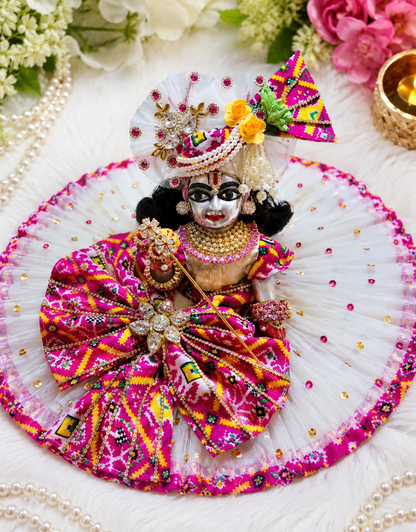 Handcrafted White & Pink Laddu Gopal Poshak with Mukut | Brooch Stone Designer Krishna Dress