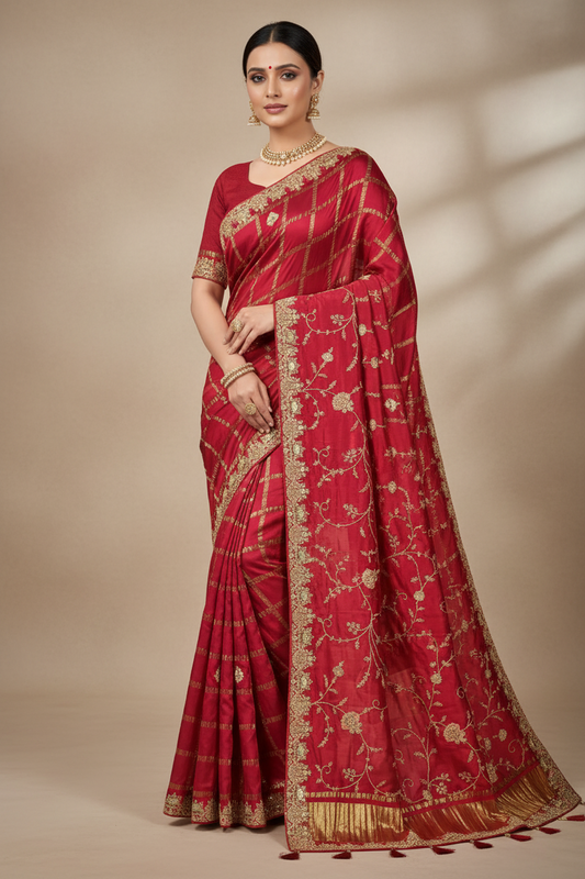 Bridal Pure Ghatchola Silk Saree – Calcutta elegant Hand Embroidery in Red Pink
