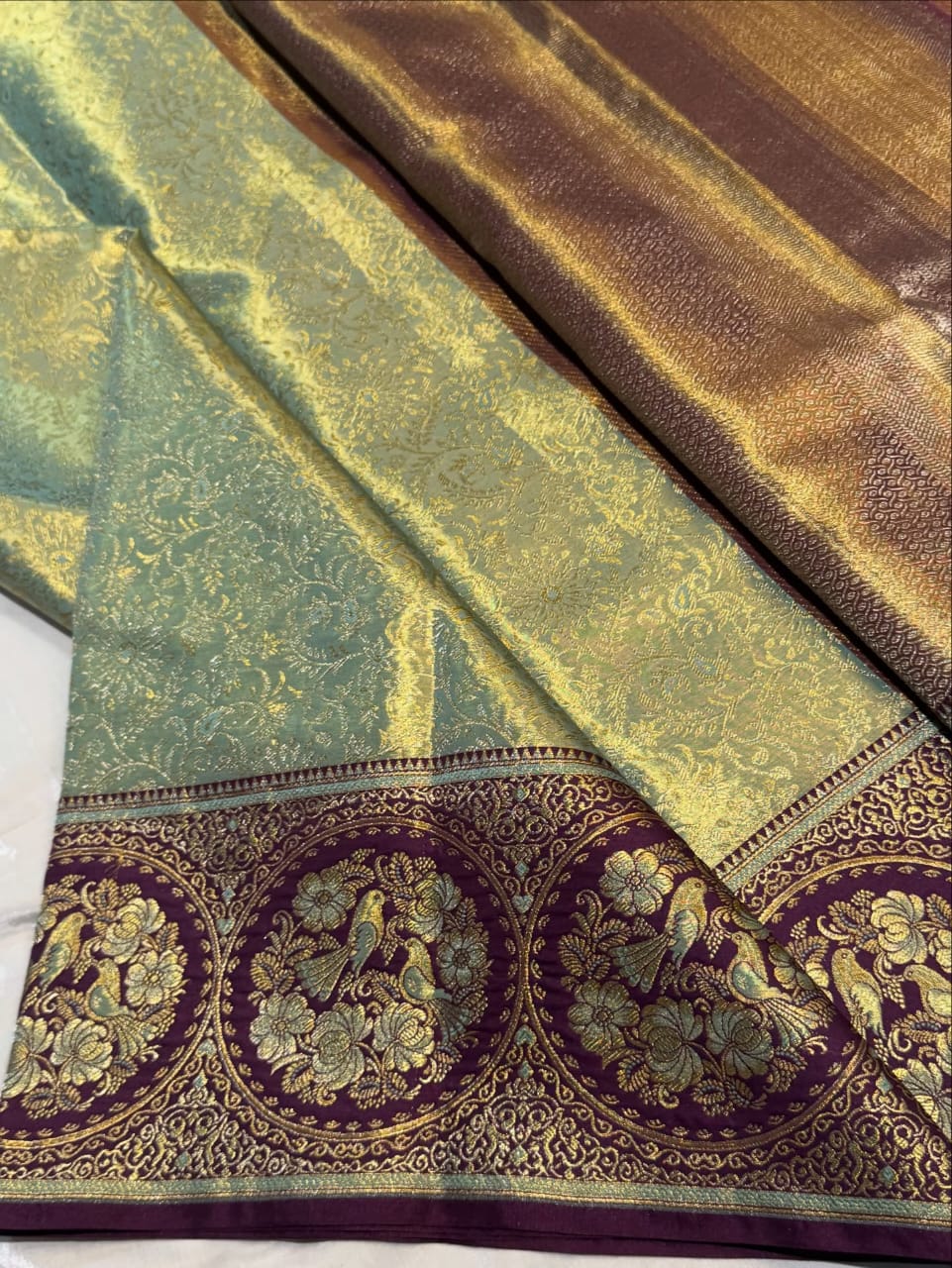 Mint & Wine Pure Kanjivaram Silk Saree – Elegant Handwork | Silk Mark Certified