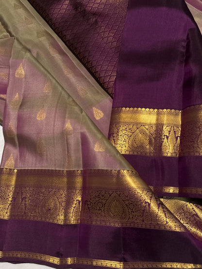 Beautiful Double Shaded Golden Zari Kanjivaram Pure Silk Saree – Silk Mark Certified