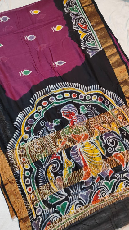 Handpainted Batik Chanderi Silk Saree – Pure Silk with Artistic Pallu & Blouse