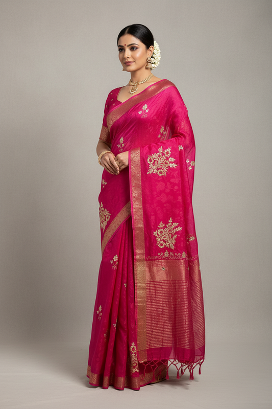 Pure Chinon Jacquard Saree with Zari Hand Work | Fancy Designer Festive Saree for Women