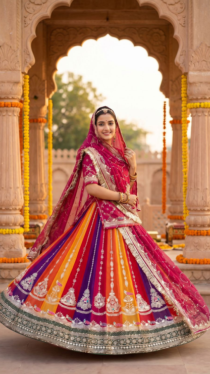 Rajsi Rang Leheriya Rajputi Poshak | 4 MTR Gher Designer Lehanga with Royal Odhani
